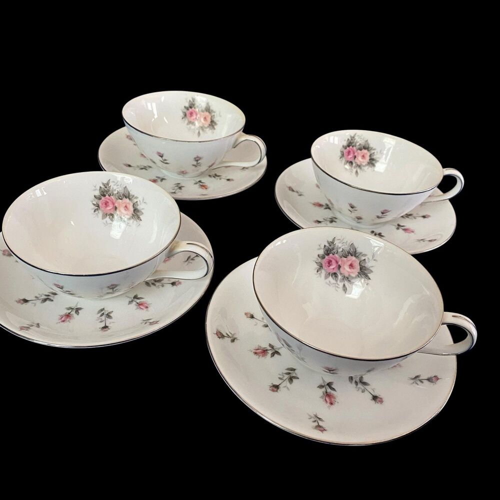 Vintage Harmony House Rosebud Fine China Teacup Saucer Set Of 4 Japan Pink